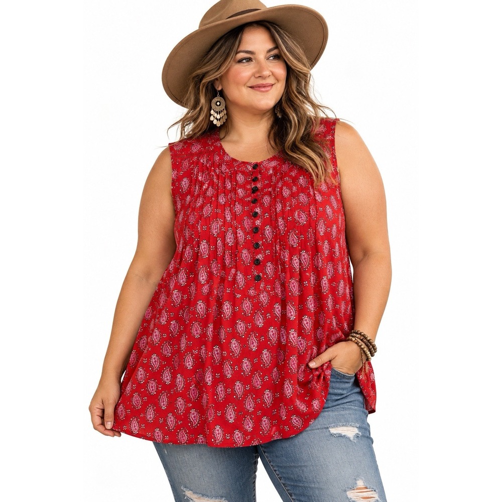 Duluth Trading Sleeveless Tunic Popover 3X Plus Red Hemp Organic Pin-Tuck Boho
